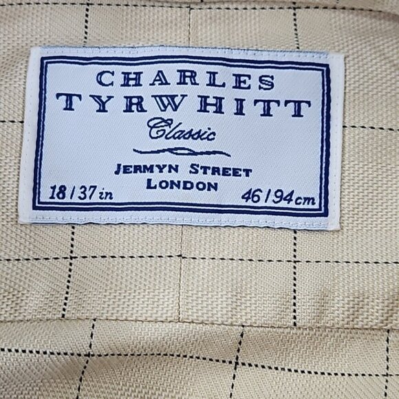 Charles Tyrwhitt French Cuff Shirt Men's 18/37 Tan Windowpane Classic Fit EUC - Picture 8 of 13